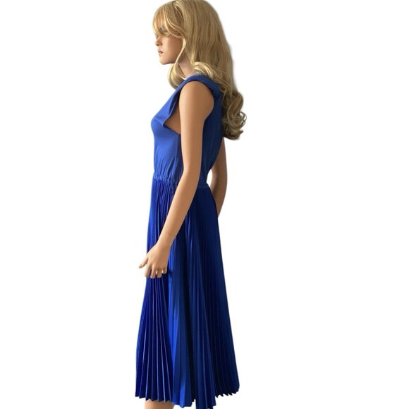 $350 Alice + Olivia Yuki pleated dress cobalt blue Padded Shoulder Sz Small Midi - Picture 4 of 9
